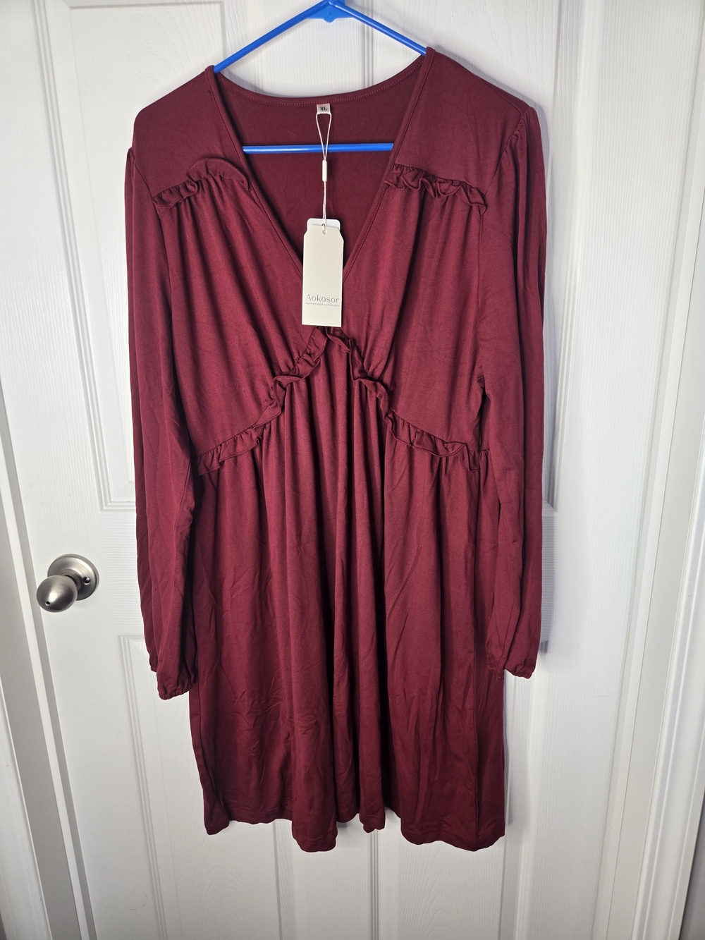Wine Red Long Sleeve Ruffle Empire-Waist Dress